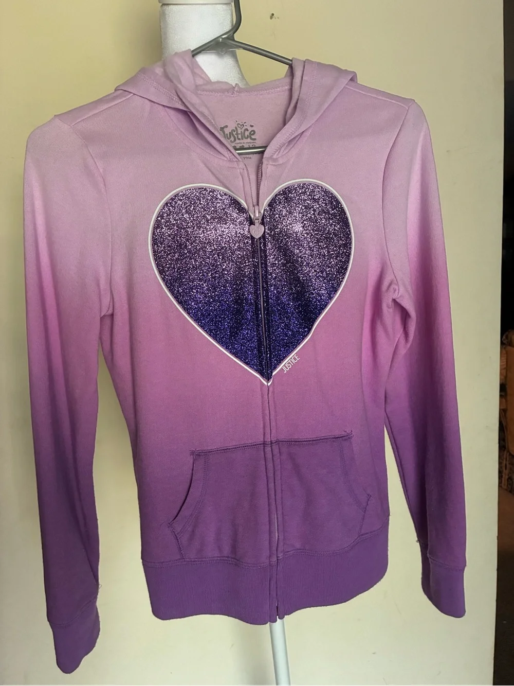 Justice Girls Purple Ombre Full Zip Hoodie Sz 12 Glitter Heart Graphic